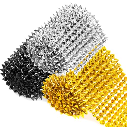 Rustark 3 Stück 2,7 m Nähen Stich auf Spike Stud Set, Gold Silber Schwarz Spikes Mesh Nieten Flache Rückseite Spike Nieten Trim Bead Spikes für Punk Rock Kleidung DIY Handwerk Dekor