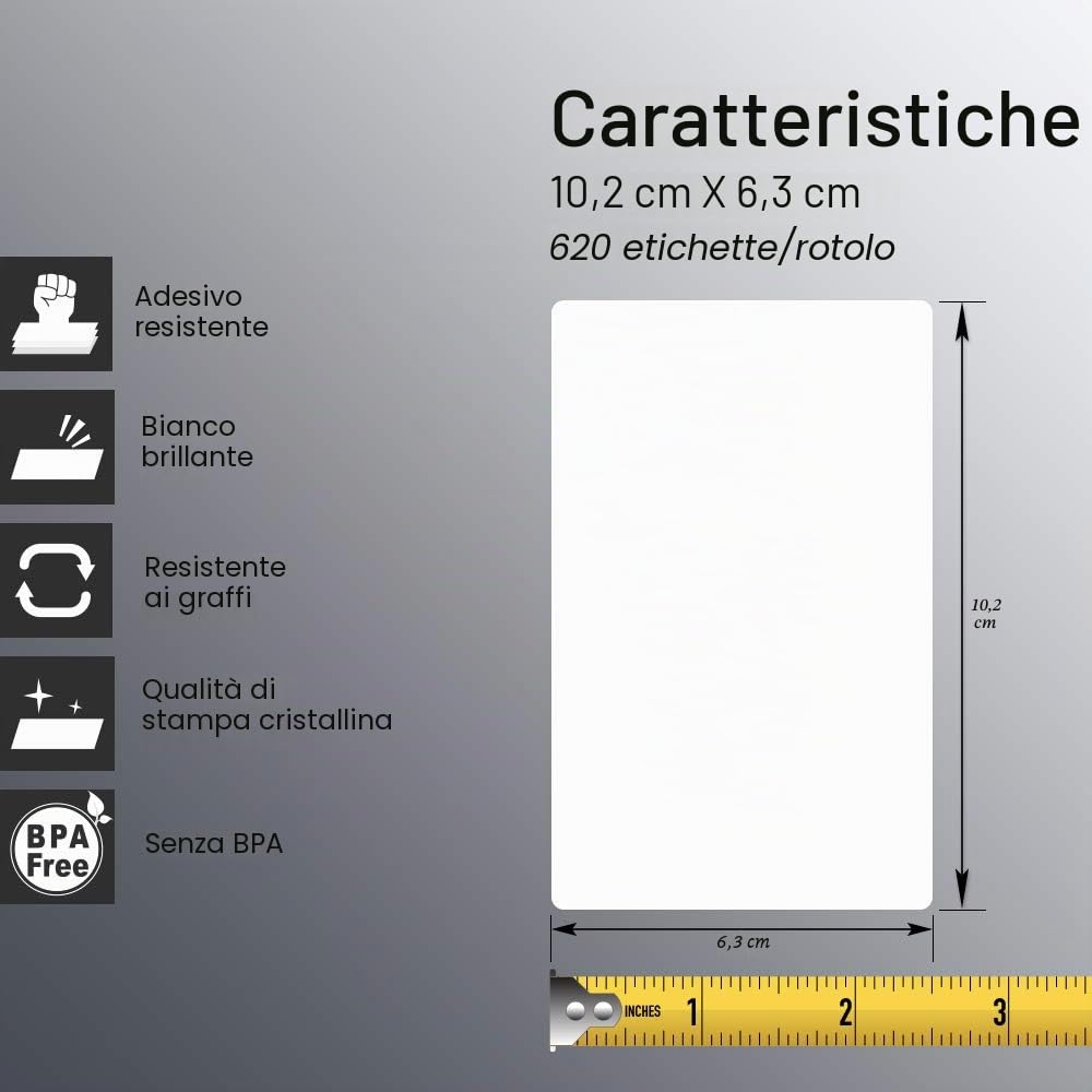 BETCKEY - 102mm x 64mm(4 in x 2,5 in) Perforated Etichette Termiche per Spedizione e Uso Multiplo Compatibile con stampanti Zebra e altre [10 Rotoli/6200 Etichette]