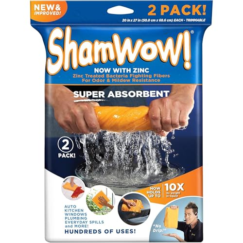 ShamWow Original Super Absorbent Multi-Purpose Cleaning Shammy Chamois Towel Cloth - Holds 10X its Weight in Liquid - Machine Washable - Will Not Scratch (2 Pack, Orange)