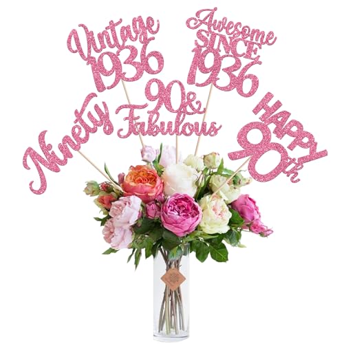 Image of 15 PCS 90th Birthday Centerpiece Sticks Ninety Happy 90 Vintage 1936 Table Flower Centerpieces Sticks Cheers to 90 Fabulous Floral Decorations for 90th Birthday Party Supplies Pink