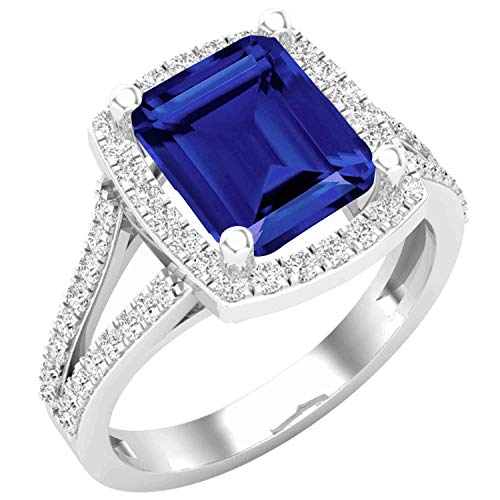 Dazzlingrock Collection 9X8 MM Octagon Lab Created Blue Sapphire & Round Natural White Diamond Ladies Bridal Halo Engagement Ring, Sterling Silver, Size 5.5