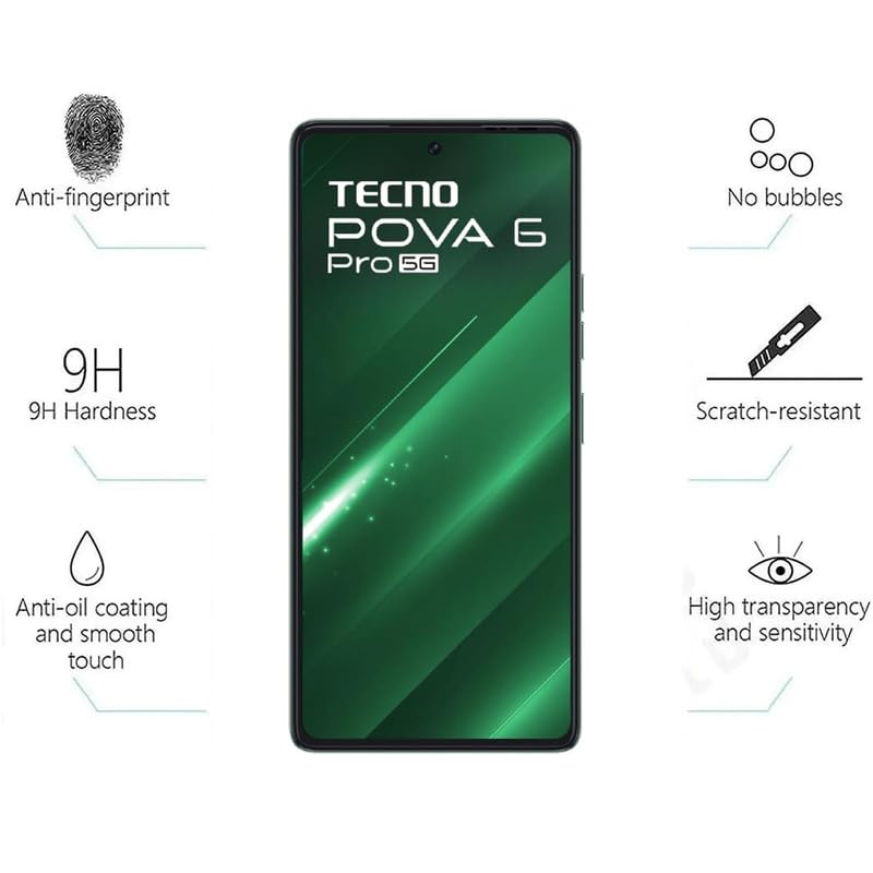 Image of Tempered Glass Screen Protector Compatible For Tecno Pova 6 Pro 5G Smartphone Full Screen Coverage (Except Edge-to-Edge Protector) And Free Complete Easy Installation Kit