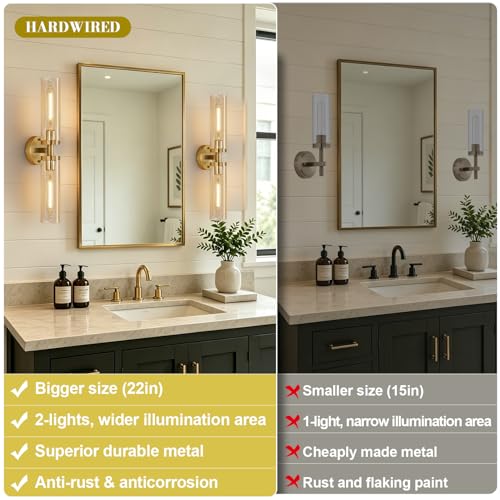 Image of Indoi Wall Sconces Set of Two, Hardwired Brushed Gold Bathroom Sconces Wall Lighting with Amber Glass, Modern Sconces Wall Decor Set of 2 Vanity Light fixtures for Bathroom Mirror Bedroom