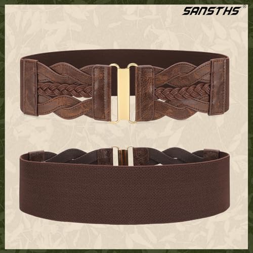 SANSTHS Vintage Stretchy Belt for Women, Womens Wide Elastic Belts for Dresses Coats, Fashion Womens Belts with Gold Buckle