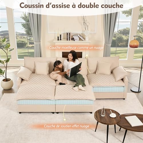 Litbird U-förmiges modulares Sofa 3-Sitzer Ecksofa mit Hocker, tiefes Sitzdesign, Cloud Couch für Wohnzimmer(Beige) – Bild 6