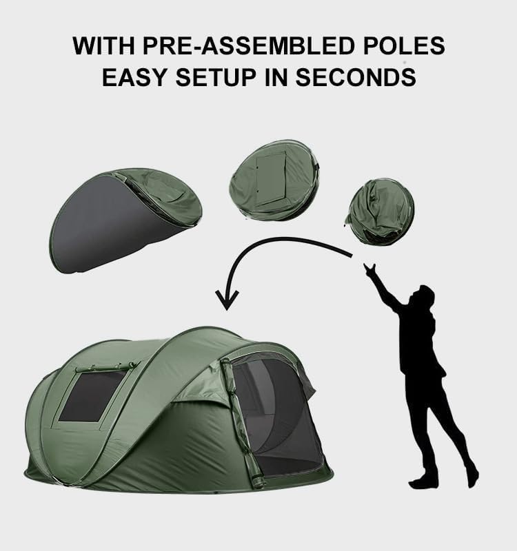 Tenda da Campeggio Pop-up Istantanea, Tenda per 5-6 Persone, Tenda A Installazione Automatica con 2 Finestre in Rete di Ventilazione, Tenda Familiare Parasole Impermeabile, Tenda A, Army Green
