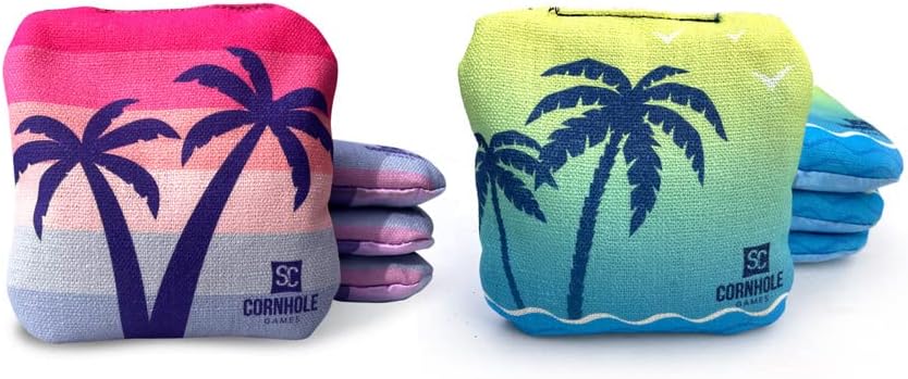SC Cornhole Games Professional Dual Sided Cornhole Bags- 16 oz 6x6 w/ Premium Resin Fill - Official Tournament Slide/Stick Pro Bean Bags - Regulation/Approved (Tropical/Retro Beach)