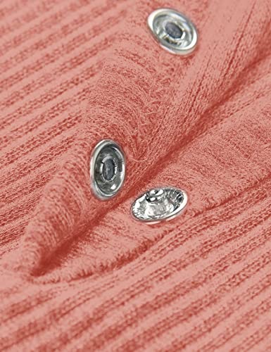 Piireso Women's Short Sleeve Button V Neck Ribbed Shirts Top Summer Solid Color Casual Tee Salmon #TOP3
