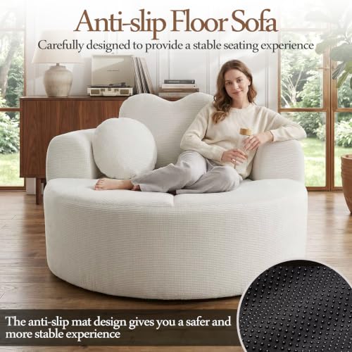 Image of Trustyue Boneless Couch,Comfy Fluffy Sofa Bed,Upholstered Sleeper Sofa with Cup Holder and Throw Pillows,Corduroy Plush Cloud Lounge Chair (Beige, Waffle Polyester)