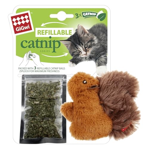 Catnip GiGwi, Jouet pour Chat écureuil Rechargeable en Herbe à Chat, Design coloré et Attrayant, Durable et Facile à Nettoyer, favorise l'exercice, 25 cm, Multicolore, Modèle Refillable