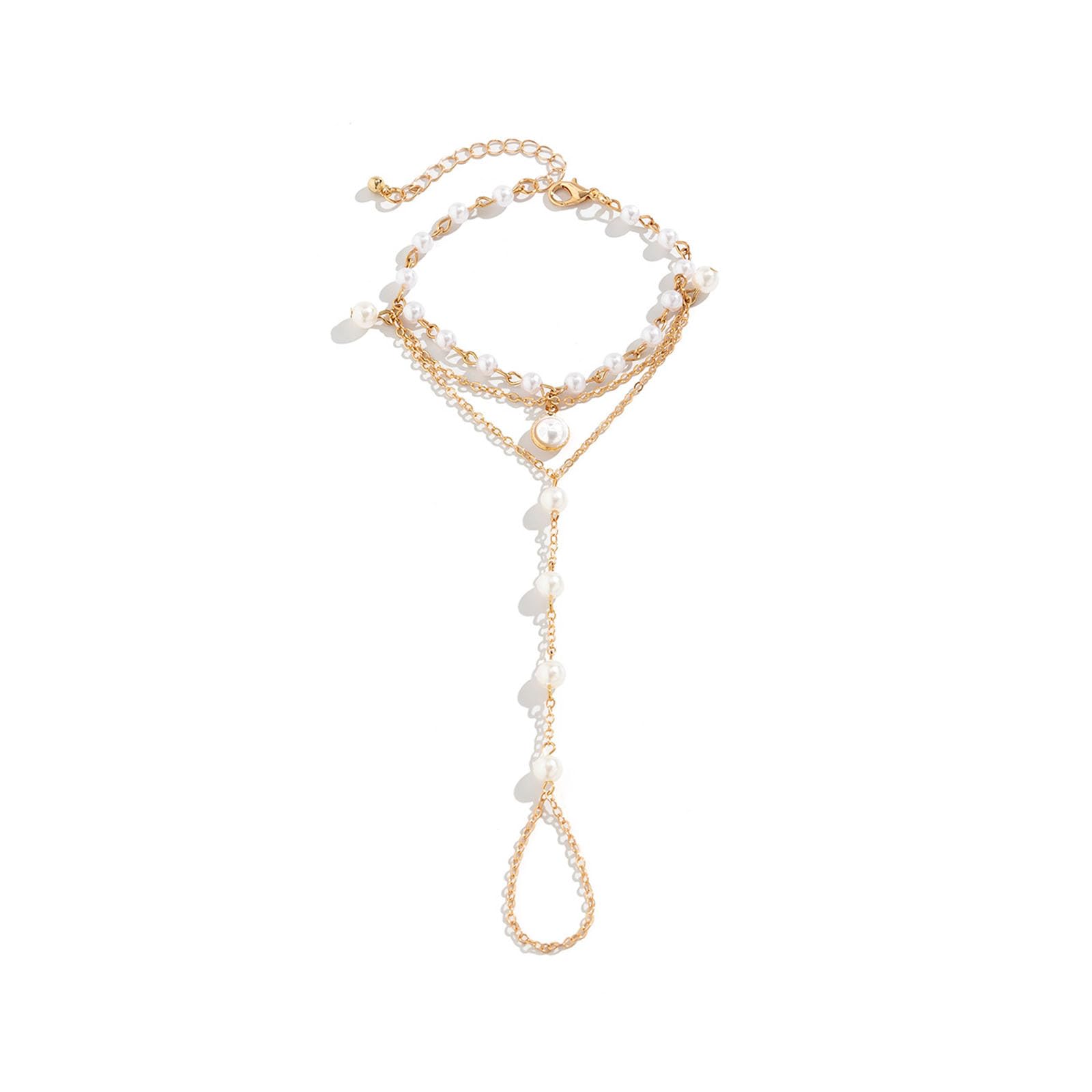 Dainty Gold Pearl Ring Hand Chain Bracelet for Women Vintage Bohemian Statement Bead Slave Bracelet Trendy Valentine Day Jewelry Accessories Gift-image-3