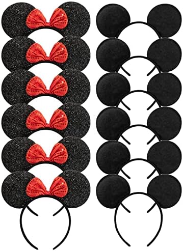 CHuangQi Mouse Ears Headband Pack of 12 for Boys and Girls Birthday Party or Celebrations, Solid Black and Red Bow