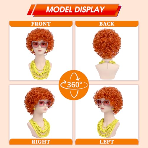Image of Women Roper Curly Orange Red Cosplay Wig with Necklace Earrings and Sunglasses for Women Hallween Costume Wig