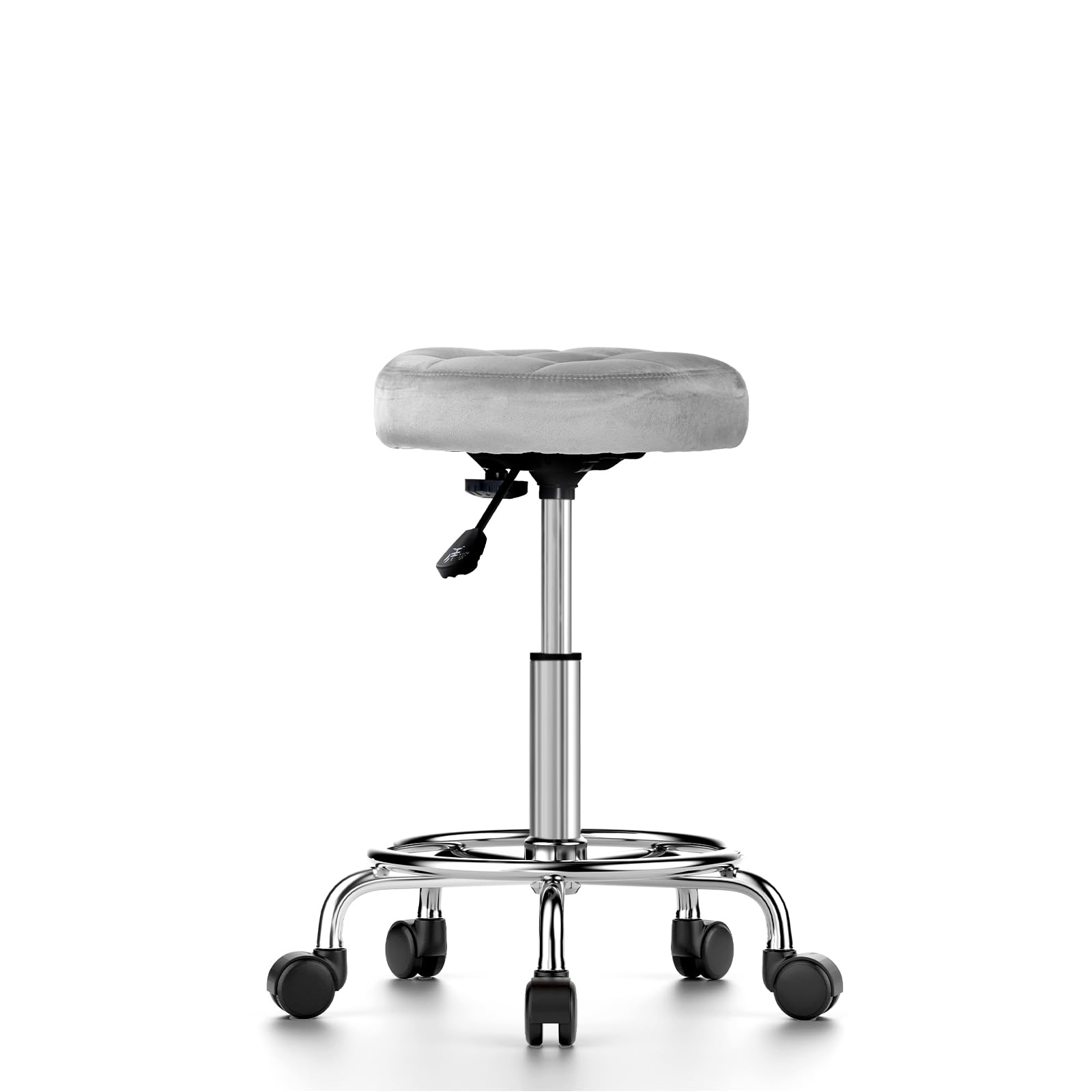 Taburete Redondo de Terciopelo Silla de Oficina Altura Ajustable 49-64 cm Giratoria 360° Gris