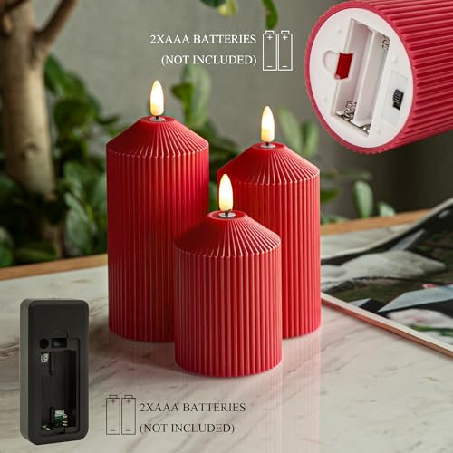 Image of LUSHARBOR Flameless Candles with Remote, Battery Operated Candles Real Wax LED Fake Pillar Candles with Timer Flickering Flame for Wedding Home Party, Set of 3 Red