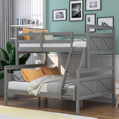Image of Polibi Twin-over-Full Wooden Bunk Bed with Ladder and Safety Guardrail, Convertible into 2 Separated beds, Grey