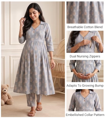 Image of DUMMY SHAPE Maternity Dresses for Women Cotton | Floral Kurta Pant Dupatta Set with Nursing Zippers, Side Pocket | Pre & Post Pregnancy | Feeding Kurti Suit | Baby Shower | Gifts for Pregnant Woman