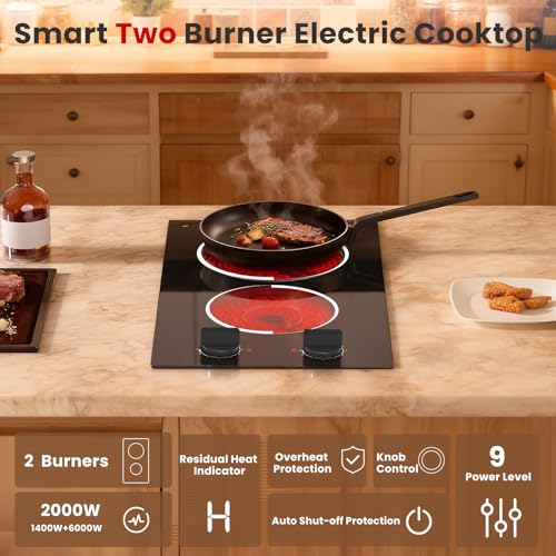Image of 2 Burner Electric Cooktop - 12 Inch Plug in Portable 110V Electric Cook Top Two Burner, Built-in & Countertop Ceramic Stove Top with Knob Control, 9 Power Levels and Overheat Protection