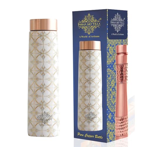Image of INDIAN ART VILLA Copper Gold Print Copper Bottle, Copper Drinkware, 800 ML, Gold Printed White