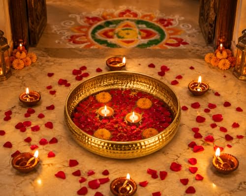 Image of Hammered Iron Metal Urli Bowl with Golden Finish - 10 Inch Medium | Floating Flowers, Tea Light Candles, Centre Table, Festive & Diwali Decoration Gift