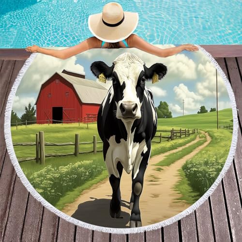 GSAEIMCT Toallas de Playa Grandes Redondas,Vacas De Granja Toalla de Playa con Flecos,Toallas de Playa Animales De Pastizales,Manta de Picnic,Toalla de Playa de Microfibra,150cm(59 Inch)