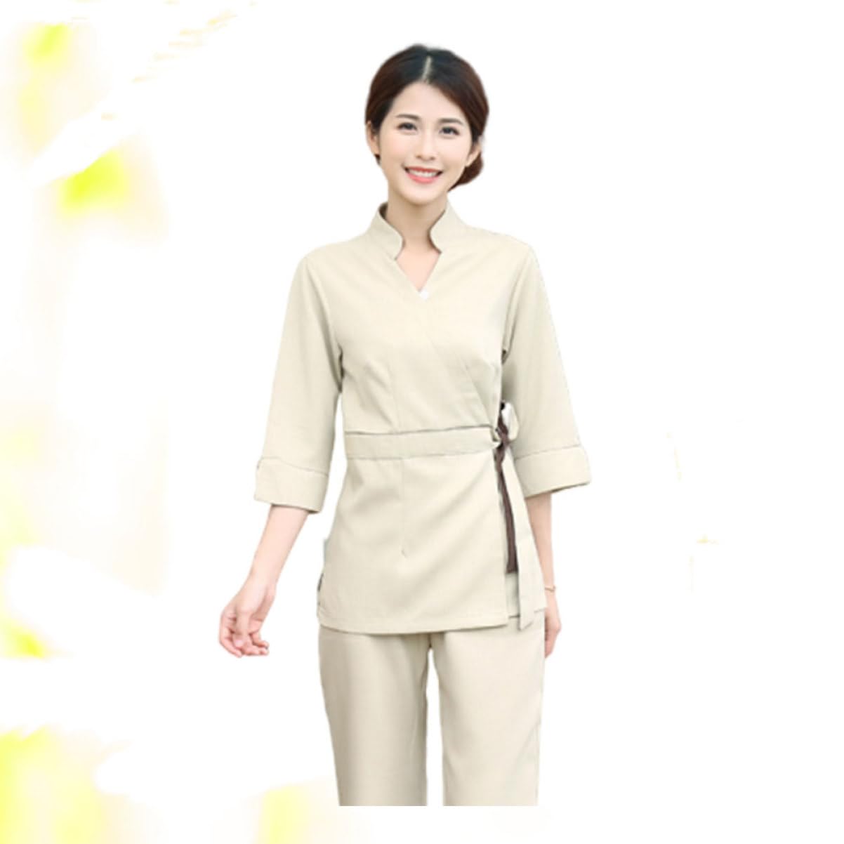 Uniforme de Salón de Belleza de 2 Piezas para Mujer Beige | Algodón y Poliéster, Manga Larga Simple y Cómoda, Fácil de Poner y Quitar