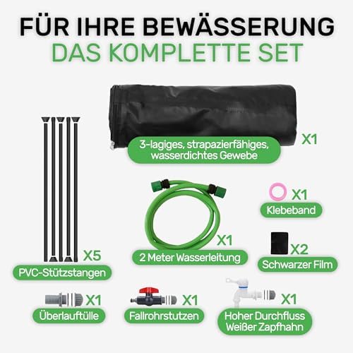 Bild 2 - Melko - Regentonne faltbar 1000L mit Auslaufhahn, PVC Stützstangen & 2 m Wasserschlauch - Mobiles Regenfass mit Überlaufschutz & Anschluss - Regenwassertonne witterungsbeständig für Gartenbewässerung