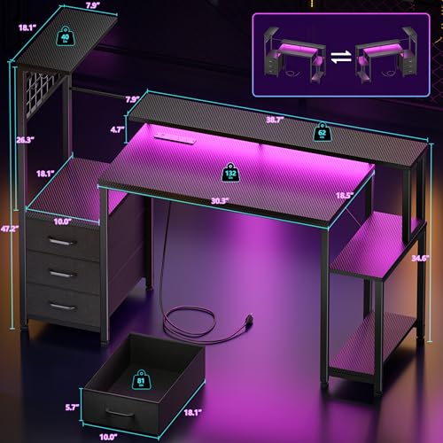 Image of Korfile 48 Inch Gaming Desk with LED Lights & Power Outlets,Computer Desk with Fabric Drawers & Side Hook,Reversible Gamer Table with Monitor Stand for Game Room,Home Office,Carbon Fiber Black