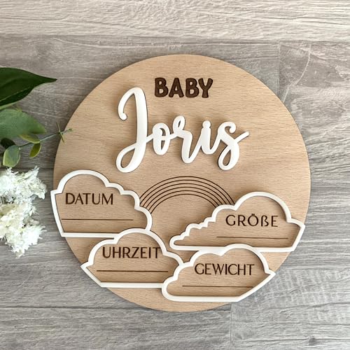 Personalisierte Baby Ankündigung Schild, Geburt Ankündigung Schild Baby, Namensschild Runde Holztafel Baby Name Geburt Detail, Willkommensschild für Neugeborene, werdende Mütter Geschenk (Design 1)