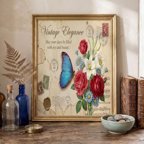 Toile murale rétro de qualité supérieure motif papillons et roses anciennes format 70x100 cm