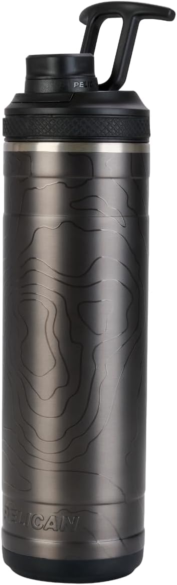 Pelican Pacific™ Chug 26 oz. Recycled Double Wall Stainless Steel Water Bottle, Vacuum Insulated Cold Drinks, Lid with Chug Spout, Ergonomic Handle, Fits Car Cup Holders, Topographical Gunmetal