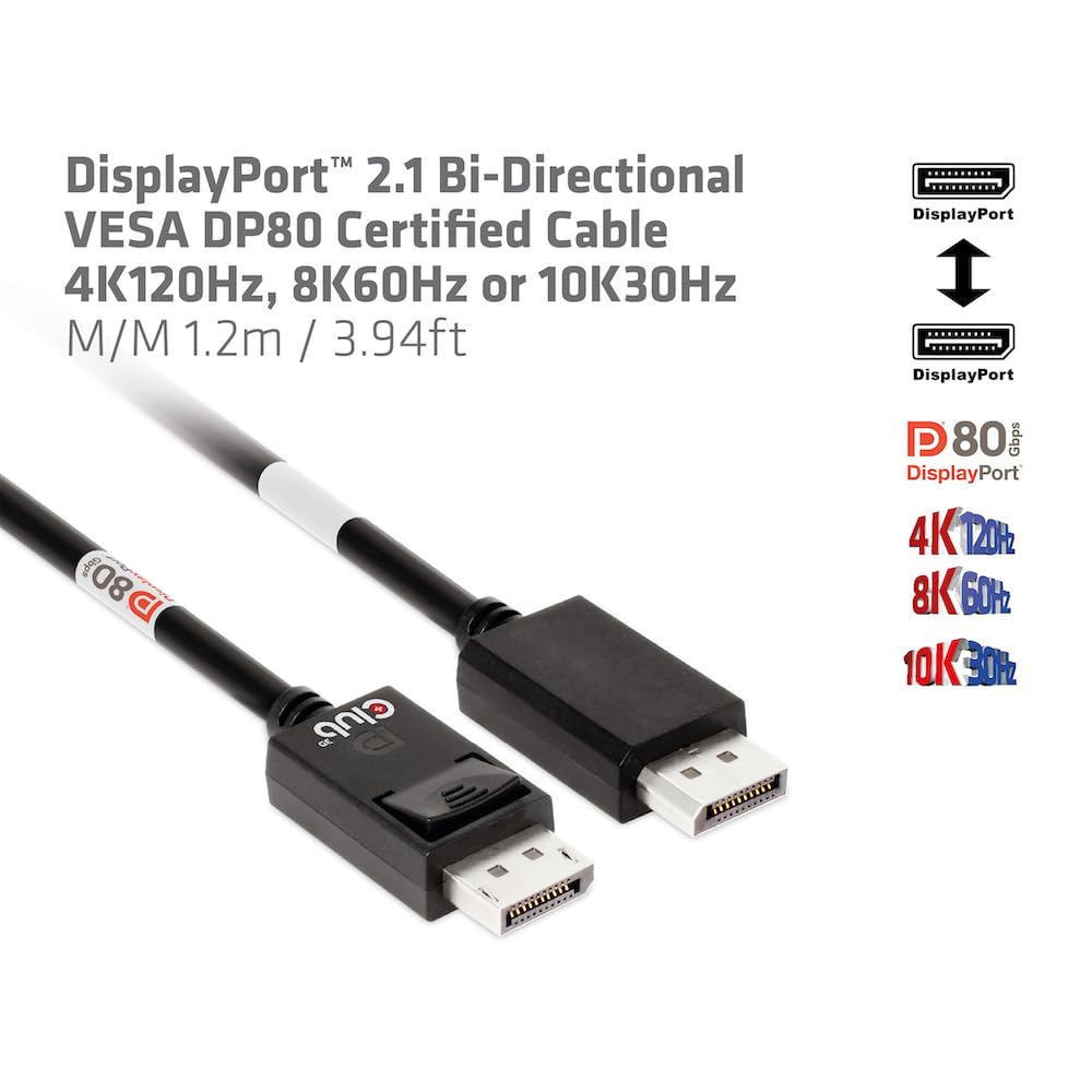 Club3D CAC-1091 DisplayPort™ 2.1 dwukierunkowy kabel VESA DP80 certyfikowany 4K120Hz, 8K60Hz lub 10K30Hz St/St 1,2 m