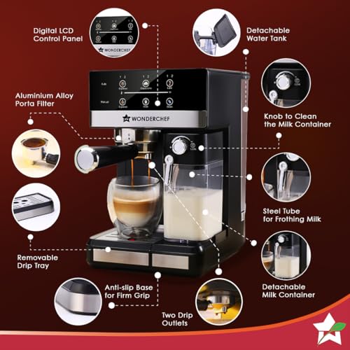 Image of Wonderchef Regalia Automatic Coffee Maker, 20-bar with Auto-Frother, Make Espressos, Cappuccinos & Lattes at Home, With Milk Container & Steamer, Metal Porta Filter, Auto-clean, 2-Yr Warranty