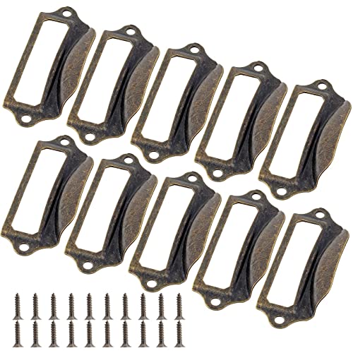 Piutouyar - Juego de 10 tiradores de bronce antiguo de 2.75 x 1.25 pulgadas, marcos de etiquetas para archivos, tiradores para muebles, armarios, cajones