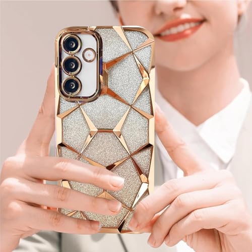Image of VONZEE Gradient Glitter Case for Samsung S24 FE, Luxury Electroplated 3D Cube, Diamond Bling Shiny Soft TPU Clear Shockproof Case Women Girls Protective Phone Cover (Gold)