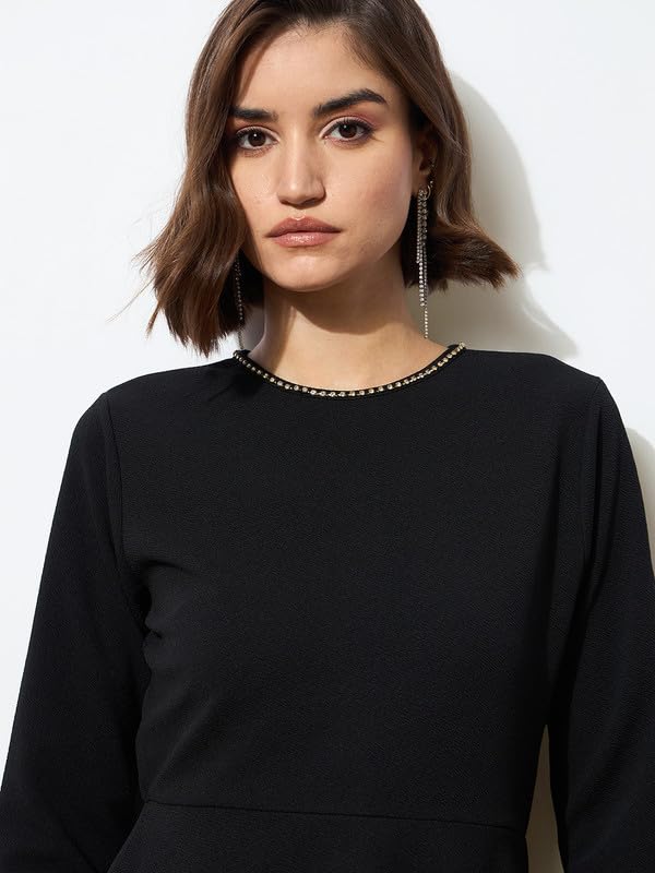 Image of barcino Black Peplum Diamante Neck Bodycon Dress