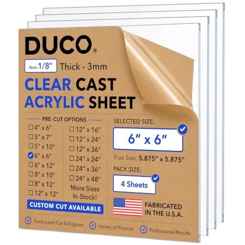 Duco 1/8" Clear Cast Acrylic Sheets, 6"x6" Plexiglass Sheets, 4 Pack
