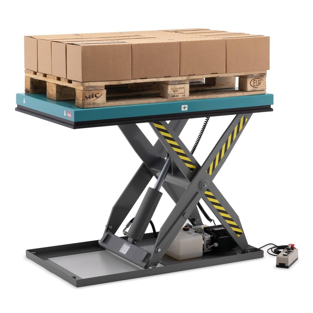 Ameise Elektro-Scheren-Hubtisch SLT mit Einfach-Schere | 1.000 kg Tragkraft | 190-1.010 mm Hubbereich | stufenlose hydraulische Höhenverstellung mit Bedienteil | 1.300 x 800 mm Plattform| Blau/Grau
