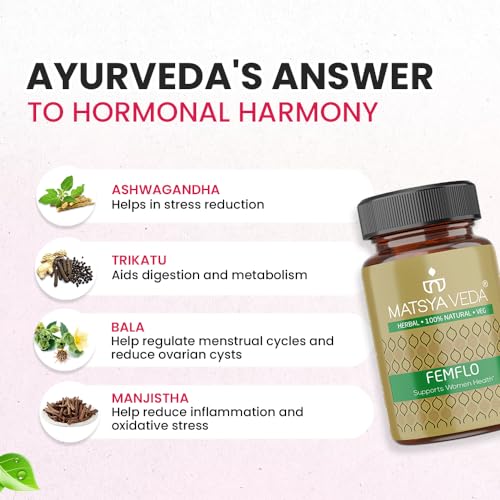 Image of MatsyaVeda Femflo Ayurvedic PCOS Care for Women|With Lodhra, Shatavari, Punarnava and Ashwagandha|15+ Herb Blend for Hormonal Balance and Menstrual Wellness| Pack of 2 X 60 Capsules