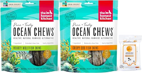 Aurora Pet Variety Pack (2) Ocean Chews Wolfish Skins (3.25 oz), Cod Fish Skins (2.75 oz) Dehydrated Dog Treats with AuroraPet Wipes
