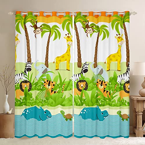 Kawaii Cartoon Animal Curtains Cute Giraffe Lion Elephant Window Curtains for Bedroom Living Room for Girls Kids Room ,Cute Decor Botanical Palm Tree Window Drapes Treatments 38W X 54L,2 Panels