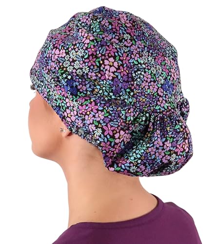 Sparkling EARTH Petals in Bloom (Purple, Pink and Green Flowers) Riley Medical Scrub Caps with Flat Front, Roomy Back - Adjustable Cord Lock Closure - Made in The USA!