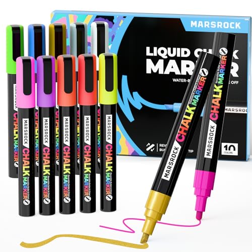 Marsrock Liquid Chalk Markers 10 Vibrant Colors Chalk Pens Reversible Tip Wet Erase Water-Based Chalkboard Markers for Blackboards Windows Glass Mirrors Signs Car Ideal for Restaurants & Home