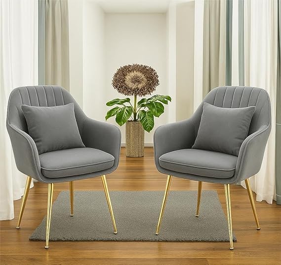Image of Toxigo Velvet Office and Garden Area Outdoor Chairs | Cushion Seat Chair with Pillows for Modern Contemporary Upholstered with Polished Rosegold Metal Designer Piece | Set of 2 (Light Grey)