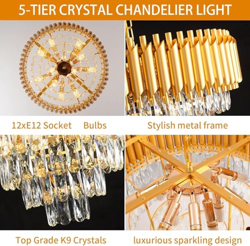 Image of Luxurious 500mm Gold Modern Chandelier with K9 Crystals | Warm White, Moonlight & Golden Light | Ceiling Hanging Light for Living Room, Dining Room, Bedroom, Hallway