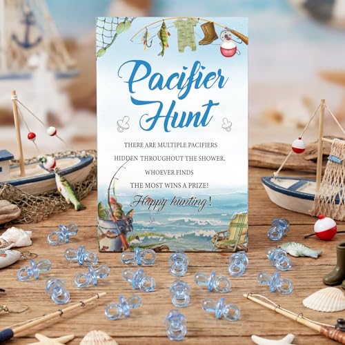 Image of Thyle 51 Pcs Fishing Pacifier Hunt Baby Shower Games a Little Fisherman Is on The Way Theme Baby Shower Game Decoration Include Hunt Sign and Acrylic Pacifiers Fish Themed Gift Sets for Gender Reveal