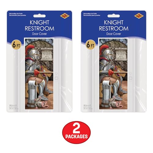 Image of Beistle Knight Restroom Door Cover - 2 Pack, Medieval Castle Bathroom Party Decorations, Funny All-Weather Plastic Backdrop for Renaissance Fairs, Festivals, Birthday Parties, Themed Events, 6' x 30 inch