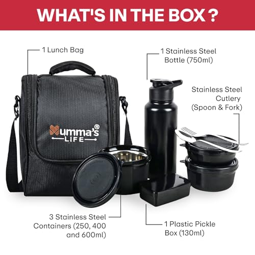 Image of Mumma's LIFE Lunch Box for Office Use - Microwave Safe 3-Container Tiffin Box for Men (250ml, 400ml, 600ml) with BPA-Free Lids, 130ml Pickle Box, 750ml Steel Bottle, Insulated Bag & Steel Cutlery