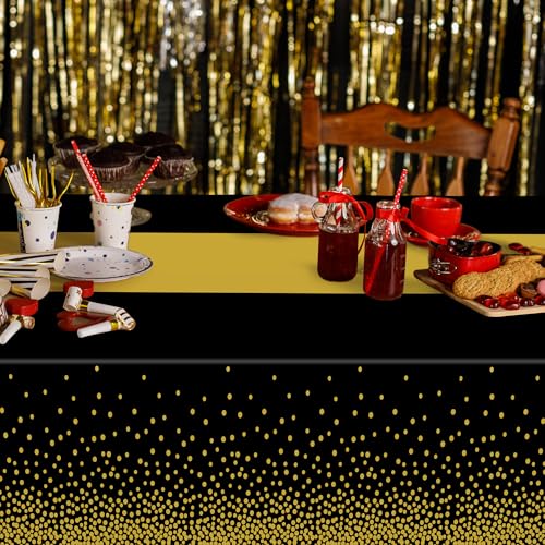 Image of QZYL 12Pack Plastic Table Cloth Disposable, 54 inch x 108 inch Waterproof Black Table Cloths with Gold Dots, Outdoor Tablecloth for Rectangle, Table Cloth Cover for New Years Eve Decorations Holiday Birthday