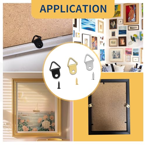 Image of 150 Pack Triangle Picture Frame Hangers Small D Ring Picture Hanging Hooks Hanger Hardware Gold /Silver /Black 50 Each with Screws for Hanging